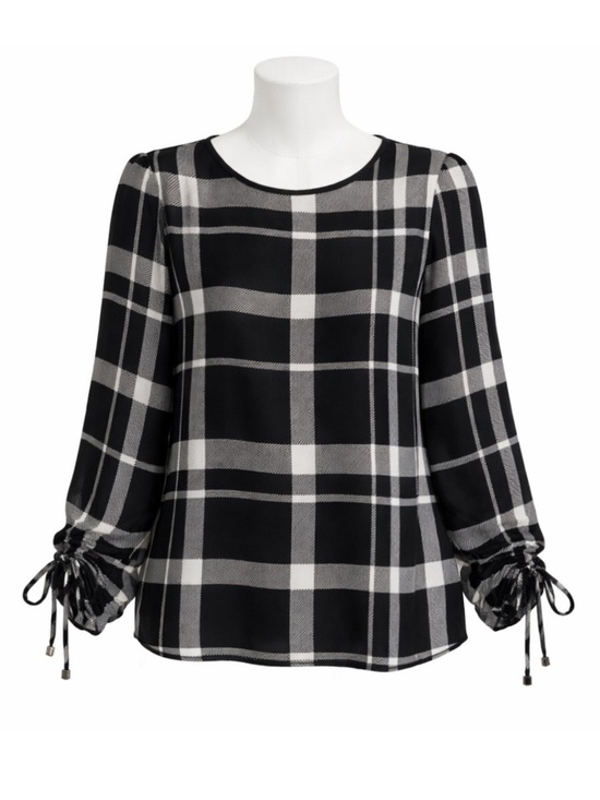 Calvin Klein Tops - Size L Calvin Klein Women’s Black White Plaid Ruched Sleeve Blouse Top